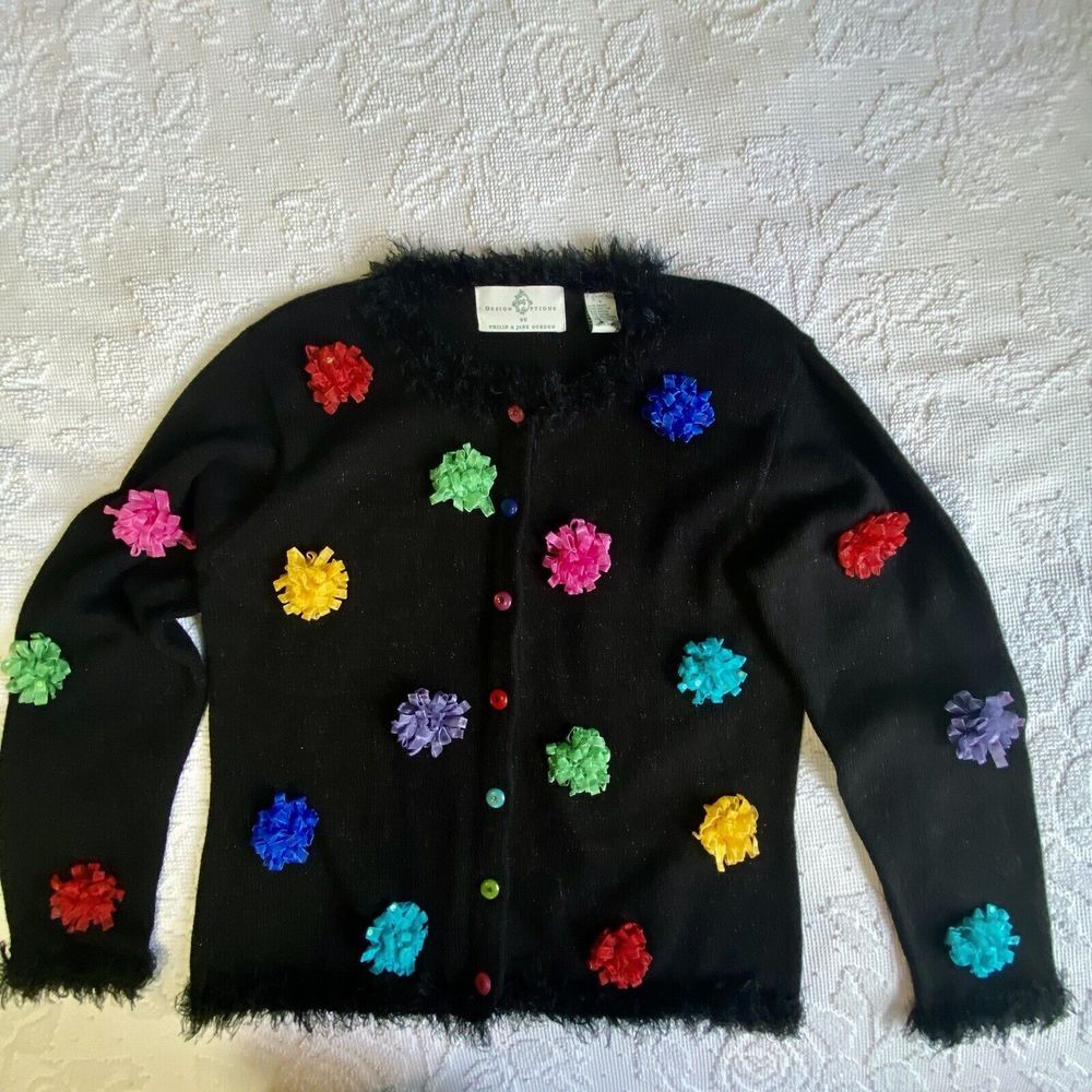 Design Options Philip Jane Gordon Black Sweater VTG 3D Bows W Sequin Ribbon S